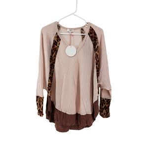 Umgee Women's Animal Print Color Block Waffle Top - S